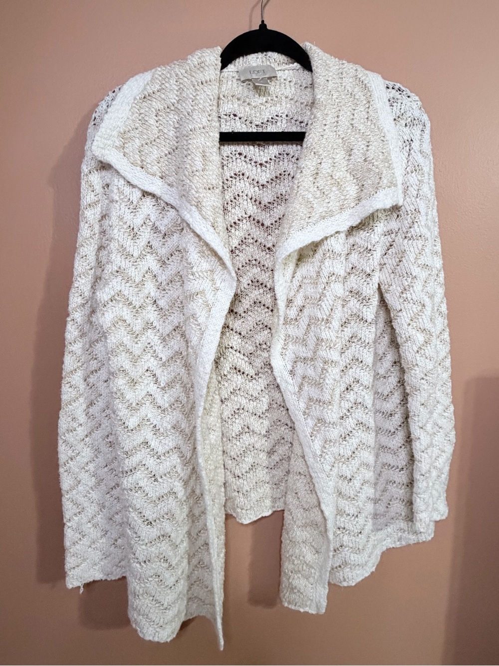 LOFT Cream Open-Front Chevron Knit Cardigan